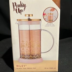 True Brands/Pinky Up Riley glass w/rose gold design tea press pot – 34 ounce-NIB